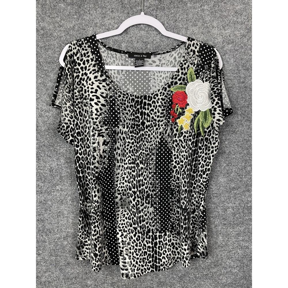 Adele‎ & May Top Sz L Animal Print White & Red Floral Embroidered Cold Shoulder